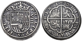 Felipe IV (1621-1665). 8 reales. 1630. Segovia. P. (Cal-563). Ag. 26,75 g. Acueducto de 4 arcos de 1 piso y valor en cifras romanas. Pátina. EBC. Est....