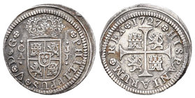 Felipe V (1700-1746). 1/2 real. 1727. Cuenca. JJ. (Cal-1735). Ag. 1,36 g. MBC+. Est...50,00.
