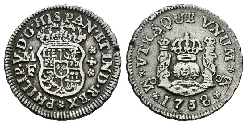 Felipe V (1700-1746). 1/2 real. 1738. México. MF. (Cal-1862). Ag. 1,64 g. Golpec...