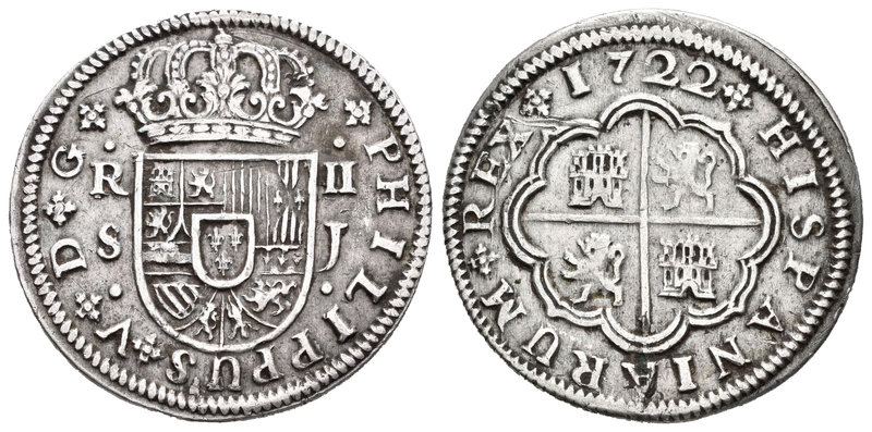 Felipe V (1700-1746). 2 reales. 1722. Sevilla. J. (Cal-1424). Ag. 5,42 g. Rayas ...