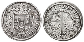 Felipe V (1700-1746). 2 reales. 1722. Sevilla. J. (Cal-1424). Ag. 5,42 g. Rayas en reverso. MBC+. Est...50,00.