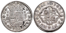 Felipe V (1700-1746). 2 reales. 1723. Segovia. F. (Cal-1404). Ag. 5,86 g. Buen ejemplar. EBC. Est...140,00.