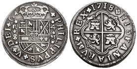 Felipe V (1700-1746). 4 reales. 1718. Sevilla. M. (Cal-1143). Ag. 11,92 g. Con dos flores de lis en el escudo. MBC+. Est...120,00.