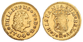 Felipe V (1700-1746). 1/2 escudo. 1744. Madrid. JA. (Cal-574). Au. 1,79 g. Vano en escudo. EBC-. Est...250,00.
