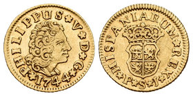 Felipe V (1700-1746). 1/2 escudo. 1744. Sevilla. PJ. (Cal-586). Au. 1,76 g. Escasa. MBC+. Est...200,00.
