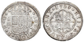 Luis I (1724). 2 reales. 1724. Segovia. F. (Cal-41). Ag. 6,01 g. Escasa. MBC+. Est...260,00.