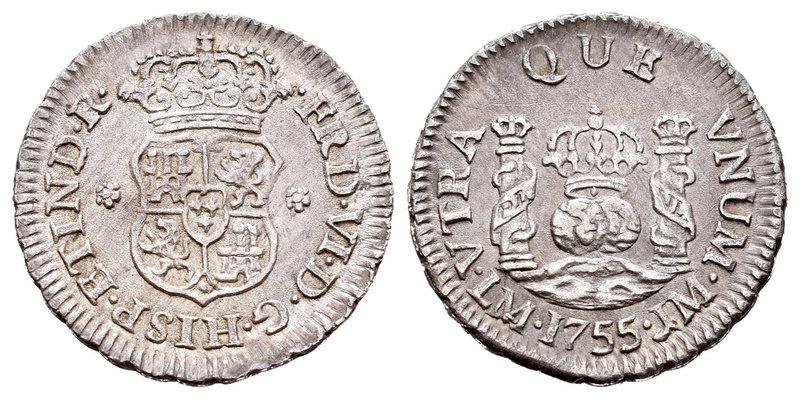 Fernando VI (1746-1759). 1/2 real. 1755. Lima. JM. (Cal-641). Ag. 1,71 g. Buen e...