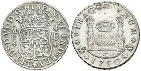 Fernando VI (1746-1759). 8 reales. 1750. México. MF. (Cal-325). Ag. 26,86 g. Anverso suavemente liampiado, pero buen ejemplar. MBC+. Est...280,00.