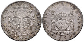 Fernando VI (1746-1759). 8 reales. 1754. Lima. JD. (Cal-310). Ag. 27,15 g. Punto sobre las dos LMA. Tono. Escasa así. EBC-. Est...450,00.