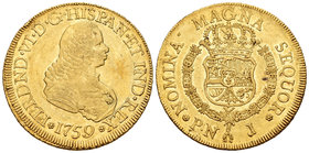 Fernando VI (1746-1759). 8 escudos. 1759. Popayán. J. (Cal-49). (Cal onza-612). Au. 26,81 g.  Golpecito en el canto. Restos de brillo original. EBC-/E...