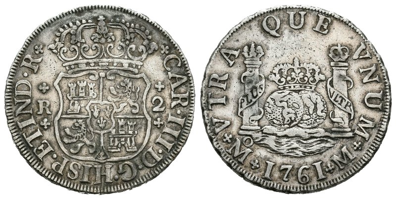 Carlos III (1759-1788). 2 reales. 1761. México. M. (Cal-1325). Ag. 6,79 g. MBC+....