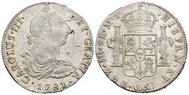Carlos III (1759-1788). 8 reales. 1781. Lima. MI. (Cal-862 variante). Ag. 26,81 g. Resellos orientales. Leve fallo en canto y grafiti detrás del busto...