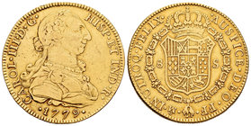 Carlos III (1759-1788). 8 escudos. 1779. México. FF. (Cal-97). (Cal onza-772). Au. 26,87 g. Ceca y ensayador invertidos. Sin punto entre los ensayador...