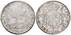 Carlos IV (1788-1808). 8 reales. 1789. México. FM. (Cal-681). Ag. 26,74 g. Busto de Carlos III y ordinal IV. Restos de brillo original en reverso. Esc...
