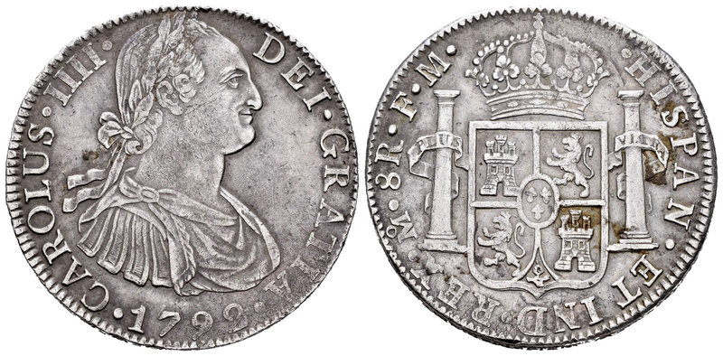 Carlos IV (1788-1808). 8 reales. 1792. México. FM. (Cal-685). Ag. 26,84 g. MBC+....