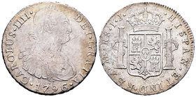 Carlos IV (1788-1808). 8 reales. 1796. Lima. IJ. (Cal-no cita). (Km-97). Ag. 26,52 g. Valor R8 en lugar de 8R. Muy pocos ejemplares conocidos. Rarísim...