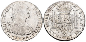 Carlos IV (1788-1808). 8 reales. 1789. Lima. JJ. (Cal-653). Ag. 27,16 g. Rayas de ajuste. EBC-/EBC. Est...150,00.