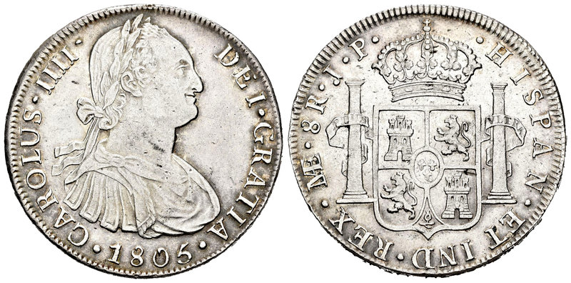 Carlos IV (1788-1808). 8 reales. 1805. Lima. JP. (Cal-662). Ag. 27,11 g. Parte d...