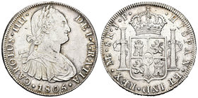 Carlos IV (1788-1808). 8 reales. 1805. Lima. JP. (Cal-662). Ag. 27,11 g. Parte de brillo original. EBC. Est...150,00.