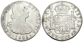 Carlos IV (1788-1808). 8 reales. 1805. México. TH. (Cal-703). Ag. 26,78 g. Pequeñas oxidaciones en anverso. MBC+/EBC-. Est...80,00.