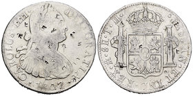 Carlos IV (1788-1808). 8 reales. 1807. México. TH. (Cal-707). Ag. 26,60 g. Resellos orientales. BC+/MBC-. Est...70,00.