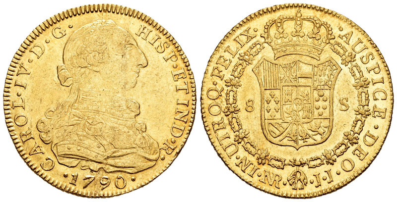 Carlos IV (1788-1808). 8 escudos. 1790. Santa Fe de Nuevo Reino. JJ. (Cal-119). ...