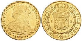 Carlos IV (1788-1808). 8 escudos. 1790. Santa Fe de Nuevo Reino. JJ. (Cal-119). Au. 27,06 g. Pequeñas marcas. EBC-. Est...1100,00.