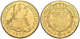 Carlos IV (1788-1808). 8 escudos. 1800. Popayán. JF. (Cal-79). (Cal onza-1063). Au. 26,96 g. Resto de soldadura en el canto. Reproducción de joyería. ...