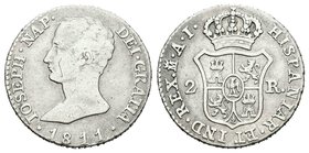 José Napoleón (1808-1814). 2 reales. 1811. Madrid. AI. (Cal-62). Ag. 2,86 g. Rayita en el busto. Rara. MBC-. Est...250,00.