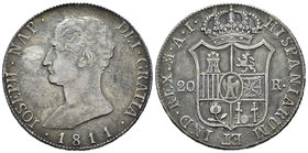 José Napoleón (1808-1814). 20 reales. 1811. Madrid. AI. (Cal-29). Ag. 26,47 g. MBC+. Est...350,00.