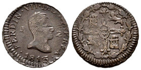Fernando VII (1808-1833). 2 maravedís. 1813. Jubia. (Cal-1579). (Jubia-002). Ae. 2,60 g. Vano. MBC. Est...70,00.