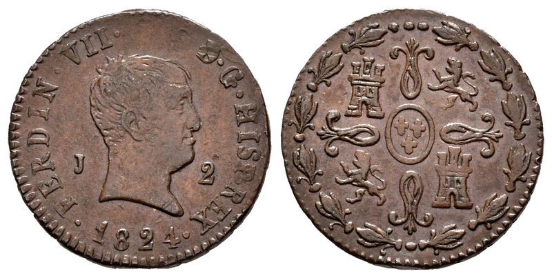 Fernando VII (1808-1833). 2 maravedís. 1824. Jubia. (Cal-1589). (Jubia-015). Ae....