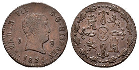 Fernando VII (1808-1833). 2 maravedís. 1824. Jubia. (Cal-1589). (Jubia-015). Ae. 2,88 g. Con 3 puntos en reverso. Muy escasa. MBC+/EBC-. Est...120,00....