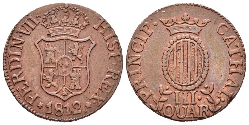 Fernando VII (1808-1833). 3 cuartos. 1812. Cataluña. (Cal-1522). Ae. 6,52 g. Esc...