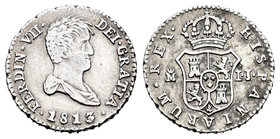 Fernando VII (1808-1833). 1/2 real. 1813. Madrid. IJ. (Cal-1316). Ag. 1,52 g. Busto desnudo. Muy rara. MBC/MBC+. Est...220,00.