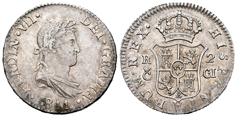 Fernando VII (1808-1833). 2 reales. 1811. Cádiz. CI. (Cal-837). Ag. 5,71 g. MBC+...