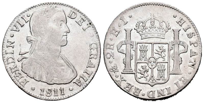 Fernando VII (1808-1833). 2 reales. 1811. México. HJ. (Cal-942). Ag. 6,64 g. Bus...