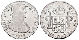Fernando VII (1808-1833). 2 reales. 1811. México. HJ. (Cal-942). Ag. 6,64 g. Busto imaginario. Escasa. MBC. Est...65,00.