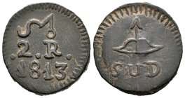 Fernando VII (1808-1833). 2 reales. 1813. Morelos. (Cal-961). Ae. 11,23 g. Sin puntos a los lados de SUD. MBC+. Est...120,00.