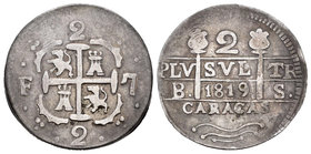 Fernando VII (1808-1833). 2 reales. 1819. Caracas. BS. (Cal-844). Ag. 5,19 g. Leones y castillos. MBC+. Est...240,00.