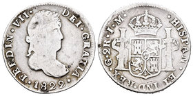 Fernando VII (1808-1833). 2 reales. 1822. Guanajuato. JM. (Cal-878). Ag. 6,54 g. Escasa. BC+. Est...70,00.