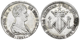 Fernando VII (1808-1833). 4 reales. 1823. Valencia. (Cal-1061). Ag. 5,96 g. Módulo de 2 reales. MBC+. Est...100,00.