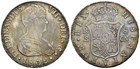 Fernando VII (1808-1833). 8 reales. 1809. Sevilla. CN. (Cal-1809). Ag. 27,28 g. Rayitas de ajuste. Bonita pátina. MBC+. Est...275,00.