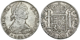 Fernando VII (1808-1833). 8 reales. 1811. Lima. JP. (Cal-476). Ag. 26,59 g. Busto indígena. MBC+. Est...160,00.