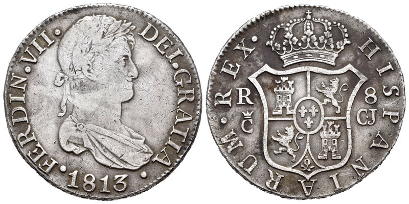 Fernando VII (1808-1833). 8 reales. 1813. Cádiz. CJ. (Cal-375). Ag. 26,51 g. Ray...