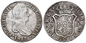 Fernando VII (1808-1833). 8 reales. 1813. Cádiz. CJ. (Cal-375). Ag. 26,51 g. Rayitas en anverso. Escasa. MBC/MBC+. Est...200,00.