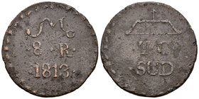 Fernando VII (1808-1833). 8 reales. 1813. Tierras Calientes. (Cal-655). Ae. 17,61 g. Escasa. MBC-. Est...140,00.
