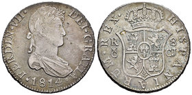 Fernando VII (1808-1833). 8 reales. 1814. Cádiz. CJ. (Cal). 26,98 g. Reayita en anverso. MBC+. Est...220,00.