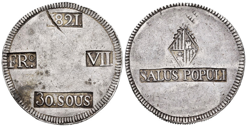 Fernando VII (1808-1833). 30 sous. 1821. Mallorca. (Cal-525). Ag. 26,66 g. Raya ...