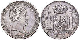 Fernando VII (1808-1833). 20 reales. 1822. Madrid. SR. (Cal-516). Ag. 26,99 g. Tipo cabezón. Bonito ejemplar. MBC+. Est...300,00.